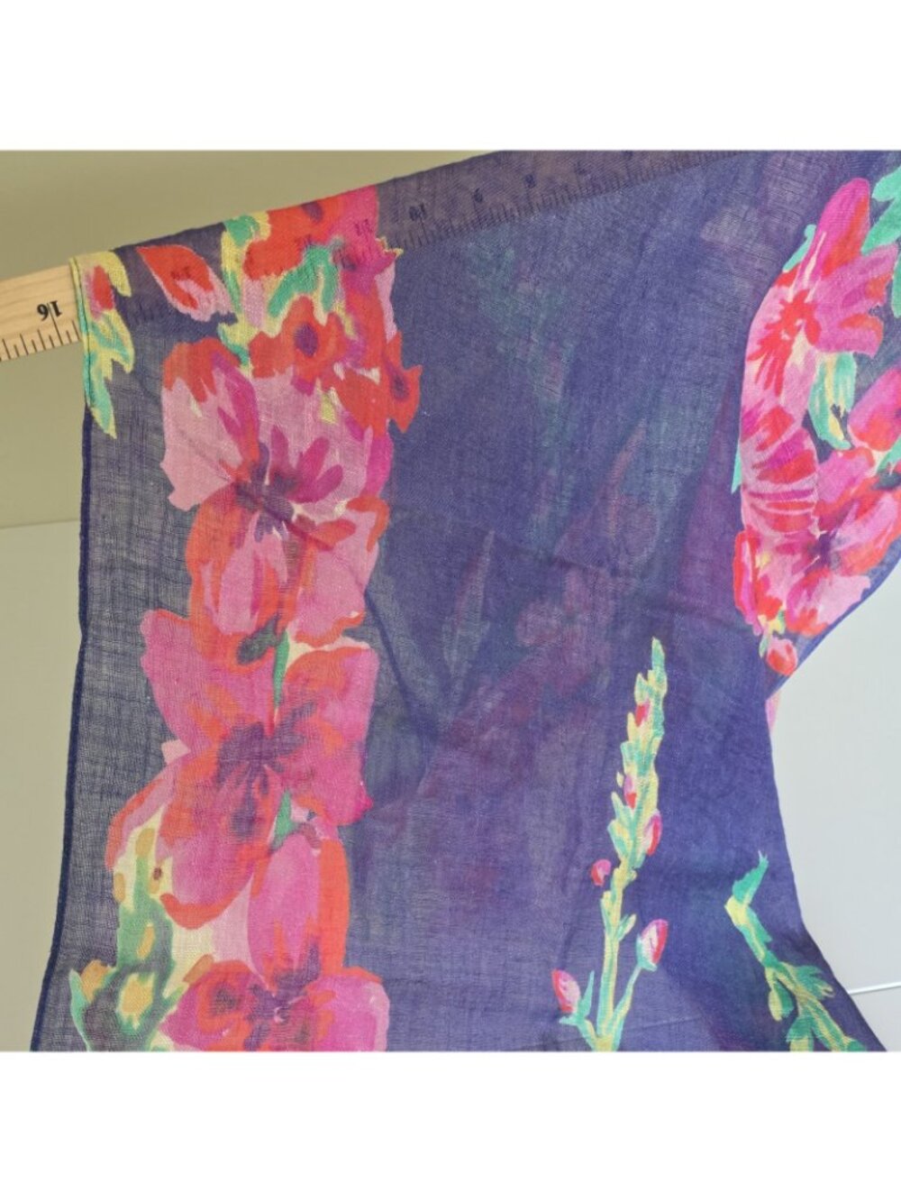 Powder UK 100% Linen Floral Scarf Wrap Purple Pink Watercolor Botanical Fringe - Picture 10 of 14